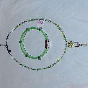 Lia Sophia pistachio beaded, corded necklace & hard bracelet set